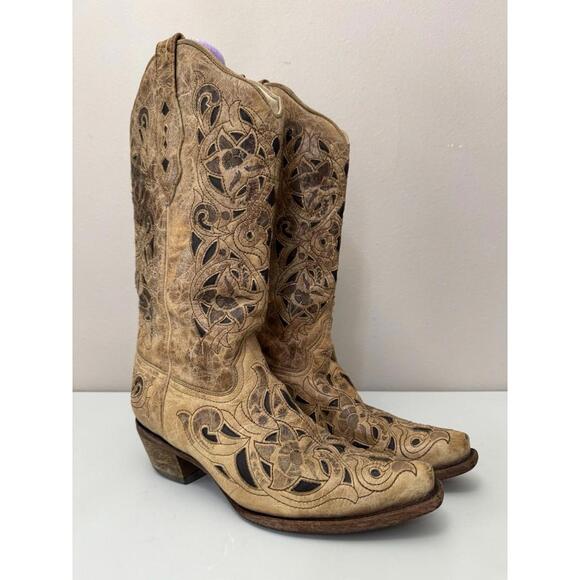 Corral Vintage Brown Leather Cowgirl Boots Womens 9 M Saddle Brushed Laser Rodeo - Picture 1 of 8